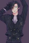  arms_up black_hair colored_eyelashes cravat facial_mark formal gloves green_eyes heterochromia male okmr purple_background red_eyes smile solo suit tales_of_(series) tales_of_xillia tales_of_xillia_2 victor_(tales_of_xillia_2) 