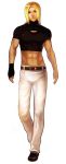  abs alternate_hairstyle blonde_hair crop_top fingerless_gloves full_body gloves hair_down highres king_of_fighters long_hair male muscle nikaido_benimaru pants single_glove skin_tight solo steward_b 