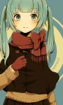  1girl artist_name chizuru_(ambient) gloves green_eyes green_hair hatsune_miku scarf solo twintails vocaloid 