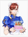  1girl birthday_cake bracelet brown_eyes brown_hair bun_cover bust cake china_dress chinese_clothes chun-li double_bun earrings food gtolin_chang happy_birthday highres jewelry sash short_hair smile solo spiked_bracelet spikes street_fighter 