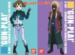  2girls belt blonde_hair blue_eyes boots brown_hair character_request coat copyright_request double_bun english gesture_request gloves graham_aker gundam gundam_00 hand_on_hip k-on! kotobuki_tsumugi lockon_stratos lockon_stratos_(cosplay) long_hair looking_at_viewer mask mister_bushido mister_bushido_(cosplay) multiple_girls open_mouth pigeon-toed red_eyes standing suzuki_jun vulcan_salute watanore 