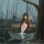  barefoot black_hair donipo feet_in_water forest horns iguana_(animal) japanese_clothes kimono long_hair looking_at_viewer nature oni original sitting soaking_feet solo tree water 