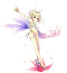  bell blonde_hair blue_eyes blush cherry_blossoms fairy fairy_wings flat_chest flower hair_ornament hair_ribbon hairclip high_heels kagamine_rin looking_at_viewer navel open_mouth petals pointy_ears ribbon sakakidani shoes short_hair solo vocaloid wings 