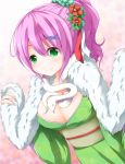  breasts chro cleavage flower green_eyes hair_flower hair_ornament hairclip original pink_hair ponytail scarf smile snake solo 