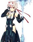  animal_ears ballistic_coat bare_shoulders cat_ears detached_sleeves gloves headband looking_at_viewer mask phantasy_star phantasy_star_online_2 red_eyes roten_(rotenburo) simple_background solo staff standing thigh-highs thighhighs weapon white_background white_hair 