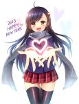  2013 ahoge black_hair black_legwear blush hair_ornament happy_new_year heart long_hair looking_at_viewer mauve new_year open_mouth original outstretched_hand plaid plaid_skirt pleated_skirt scarf skirt solo thigh-highs thighhighs yellow_eyes zettai_ryouiki 