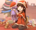  :d black_hair black_legwear boots bow brown_eyes bunny capelet carrot christmas christmas_tree fur_trim gift hakoniwa_shoujo hat holding long_hair open_mouth original pantyhose rabbit ribbon santa_costume santa_hat sitting smile solo stuffed_animal stuffed_bunny stuffed_toy wariza 