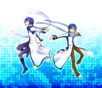  blue_eyes blue_hair boots clear_logic coat dual_persona highres kaito kaito_(vocaloid3) looking_at_viewer male multiple_boys musical_note open_mouth scarf smile vocaloid 