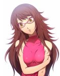  alternate_hairstyle bare_shoulders breasts brown_eyes brown_hair earrings glasses hair_down hairu jewelry kujikawa_rise long_hair persona persona_4 pink-framed_glasses simple_background solo white_background 