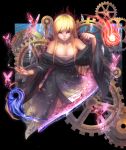  alternate_costume benitama blonde_hair blush breasts butterfly cleavage collarbone gap gears kiseru large_breasts looking_at_viewer off_shoulder pipe purple_eyes solo touhou violet_eyes yakumo_yukari 