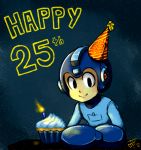  android anniversary arm_cannon birthday candle cupcake happy_birthday hat helmet lydi-lydi_(jes) rockman rockman_(character) rockman_(classic) smile solo star starry_background weapon 
