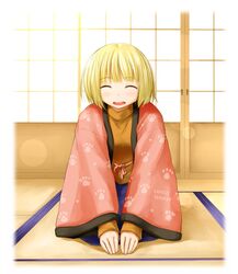  blonde_hair blush closed_eyes eyes_closed japanese_clothes kasuga_yukihito kimono original short_hair shouji sliding_doors smile solo tatami 