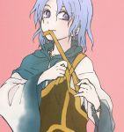  blue_eyes blue_hair bracelet bust charin dressing hood_down jewelry kumoi_ichirin mouth_hold necklace necktie short_hair solo touhou 