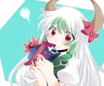  blush bow ex-keine green_hair hammer_(sunset_beach) hat hat_removed headwear_removed hole horns kamishirasawa_keine long_hair multicolored_hair puffy_sleeves red_eyes short_sleeves silver_hair solo sweatdrop touhou two-tone_hair 