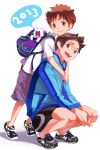  2boys backpack bag brown_eyes brown_hair cat fangs genda hug hug_from_behind jacket male multiple_boys new_year open_mouth original shoes short_hair shorts smile sneakers speech_bubble white_background 