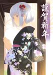  floral_print grey_hair hair_ornament hands_together highres japanese_clothes juu_ho kimono new_year obi original praying red_eyes short_hair solo 
