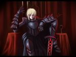  armor armored_dress blonde_hair cup dark_excalibur dress dzhang13 fate/stay_night fate_(series) gauntlets planted_sword planted_weapon saber saber_alter signature solo sword weapon wine_glass yellow_eyes 