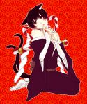  animal_ears axis_powers_hetalia black_hair blush cat_ears cat_tail highres japan_(hetalia) japanese_clothes kikumon kimono male multiple_tails open_mouth red_background red_eyes short_hair solo tail trap 