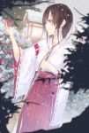  absurdres broom brown_eyes brown_hair flower highres holding japanese_clothes la-na miko original payot short_hair smile snow snowing solo temple 