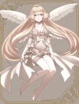  angel_wings barefoot blonde_hair chii chobits feathered_wings frills full_body garters grey grey_background hair_tubes highres long_hair robot_ears solo thigh_strap tiara underwear wings yatsuashimon 