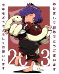  2013 barefoot closed_eyes eyes_closed new_year onikobe_rin purple_hair short_hair smile snake solo touhou yasaka_kanako 