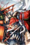  black_hair east_asian_architecture fox_mask highres japanese_clothes kz-kura mask original perspective snake solo sword weapon 