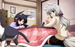  animal animal_ears black_hair blue_eyes cat fox_ears fox_tail foxgirl grey_hair grey_hair highres kotatsu long_hair multiple_girls new_year original purple_eyes table tail thigh-highs thighhighs vfenster violet_eyes 