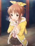  abe_nana animal_ears breath brown_eyes brown_hair coat hair_ribbon hoodie idolmaster idolmaster_cinderella_girls looking_at_viewer maruishi open_mouth ribbon short_hair skirt solo 