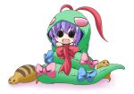  &gt;_&lt; :3 blue_hair blush_stickers bow costume fan ichimi nagae_iku open_mouth short_hair smile snake snake_costume solid_circle_eyes solo touhou tsuchinoko 