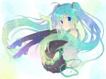  1girl blue_eyes boots detached_sleeves fetal_position green_hair hatsune_miku long_hair necktie skirt solo thigh_boots thighhighs tsukushidango twintails very_long_hair vocaloid 