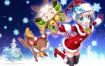  animal bell black_legwear blue_eyes boots bow capelet christmas finding_neverland_online fur_trim gloves hat hat_ornament highres knee_boots looking_at_viewer night official_art outstretched_arms reindeer santa_boots santa_costume santa_hat sheep short_hair silver_hair smile snow snowflakes snowing spread_arms thigh-highs thighhighs tree wallpaper wand winter 