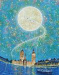  big_ben blue boat full_moon moon night original peter_pan river shiraishi_takashi signature sky star_(sky) starry_sky thames traditional_media water westminster_palace 