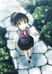  black_hair blush bush cobblestone foreshortening from_above grin long_hair looking_at_viewer looking_up original path pleated_skirt ribbon school_uniform skirt smile solo sweater_vest yakka yellow_eyes 