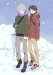  blush boots breath brown_hair chocolate_sable ikari_shinji multiple_boys nagisa_kaworu neon_genesis_evangelion scarf short_hair smile snow snow_bunny snowing umbrella white_hair winter winter_clothes 