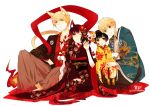  animal_ears axis_powers_hetalia black_hair blonde_hair blush cat_ears cat_tail clone green_eyes japan_(hetalia) japanese_clothes kimono male multiple_boys multiple_tails red_eyes smile tail trap united_kingdom_(hetalia) wink 