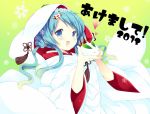  2013 alternate_hairstyle aqua_eyes aqua_hair hatsune_miku heart japanese_clothes kimono leaf long_hair natsume_eri open_mouth snow_bunny solo uchikake vocaloid yuki_miku 