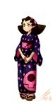  barefoot_sandals blush brown_hair geta green_eyes hairband japanese_clothes kimono lydi-lydi_(jes) obi rockman rockman_dash sandals short_hair smile solo tron_bonne 