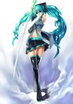  1girl aqua_eyes aqua_hair arm_up boots crossed_legs detached_sleeves hatsune_miku long_hair navel necktie sitting skirt solo spring_onion thigh_boots thighhighs twintails very_long_hair vocaloid 