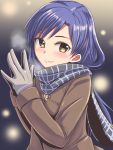  blue_hair blush breath brown_eyes coat dan_(orange_train) gloves hands_together idolmaster kisaragi_chihaya lights long_hair looking_at_viewer scarf smile solo steepled_fingers 