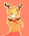  aki_shizuha antlers blonde_hair blush bow dress hoodie kurokuro leaf long_sleeves maple_leaf red_eyes short_hair smile solo touhou 
