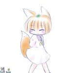  :3 animal_ears arms_behind_back blush brown_hair closed_eyes eyes_closed flat_chest fox_ears fox_tail leaf leaf_on_head mad_(kusakabe) original pappa_(mad) short_hair simple_background smile solo tail white_background 