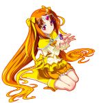  boots bow brooch bubble_skirt choker circlet cure_muse cure_muse_(yellow) dress fairy_tone frills hair_ribbon heart high_heel_boots high_heels holding jewelry long_hair magical_girl orange_hair precure red_eyes ribbon shirabe_ako sitting smile solo suite_precure wariza white_background yellow_dress yone 