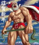  2013 beard capelet christmas cloud clouds dated facial_hair hat holding male manly matataku muscle navel nipples open_mouth santa_claus santa_costume santa_hat signature sky snake solo speedo translated translation_request white_hair 