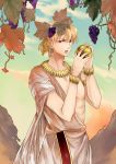 apple armlet blonde_hair bracelet earrings fate/zero fate_(series) food fruit gilgamesh grapes highres jewelry necklace red_eyes seojung solo toga 
