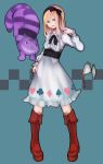 1girl absurdres alice_(wonderland) alice_in_wonderland blonde_hair blue_eyes boots bow cat checkered cheshire_cat cup dress grin hair_bow hair_ribbon highres nankaidools pigeon-toed purple_eyes ribbon smile striped tea teacup violet_eyes 