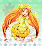  boots bow brooch bubble_skirt choker circlet cure_muse cure_muse_(yellow) dress flower frills hair_ribbon heart highres jewelry jumping long_hair magical_girl open_mouth orange_hair precure red_eyes ribbon shirabe_ako smile solo star suite_precure yellow_dress 