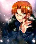  black_eyes blood blood_on_face blue_jacket fate/zero fate_(series) haruno_(kanimeshi) jacket orange_hair short_hair snowing solo uryuu_ryuunosuke 