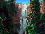  animated animated_gif bridge color_cycling copyright_request dithering mark_ferrari nature no_humans outdoors pixel_art rainbow scenery tree water waterfall 