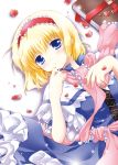  alice_margatroid blonde_hair blue_eyes book bow breasts capelet dress flower hair_bow hairband lying petals ribbon rose sash short_hair smile solo touhou white-brown 