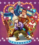  antonio_lopez blonde_hair blue_jacket bomber_jacket brown_hair chest_hair chibi green_eyes ivan_karelin jacket keith_goodman kubokawa_(haifukikara) logo multiple_boys posing purple_eyes purple_jacket tiger_&amp;_bunny v-neck violet_eyes 